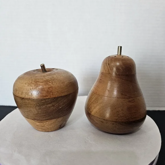 MCM Wood Apple and Pear Salt and Pepper Shaker Set Brass Stem Vintage L👀K - Picture 1 of 7